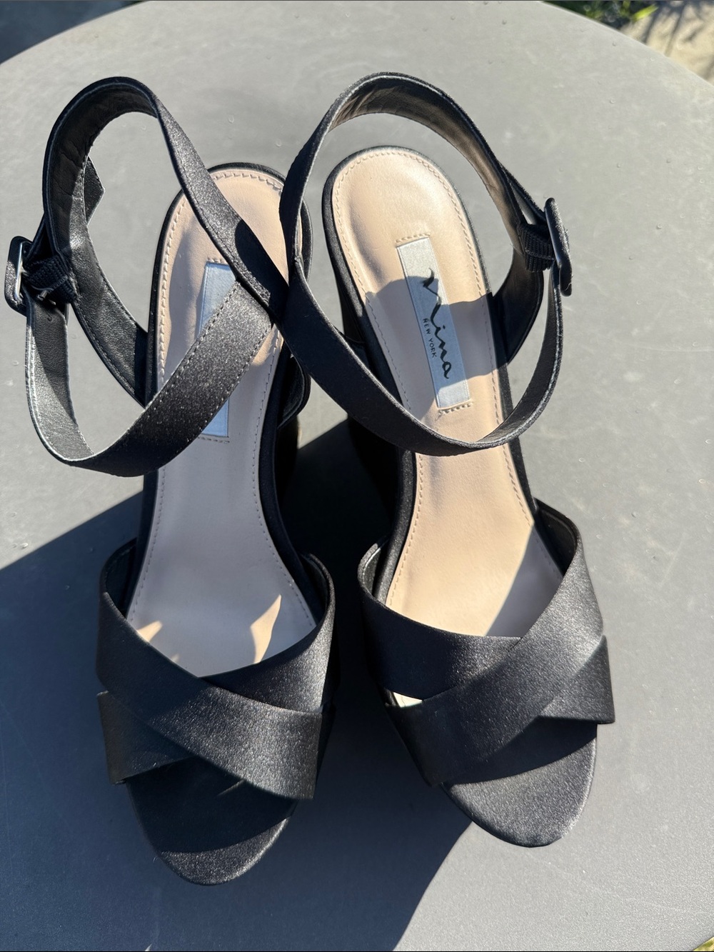 Nina Black Satin Cross-Strap Slingback Heels